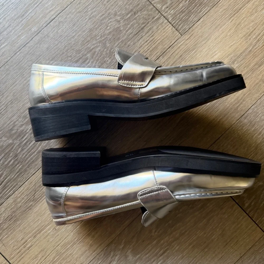 Bibi Lou Metallic Silver Penny Loafers Size 9 Dark Academia Preppy Funky Sleek